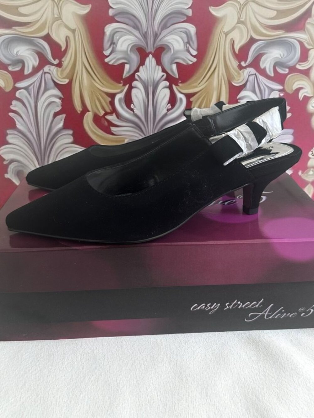 EASY STREET Black Lamy Fabric Slingback Bow Kitten Heels Size 8 NEW NIB
